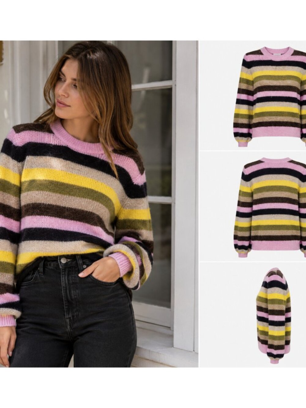 Ganni Striped Balloon Sleeve Sweater Merino Wool Alpaca S Multicolor